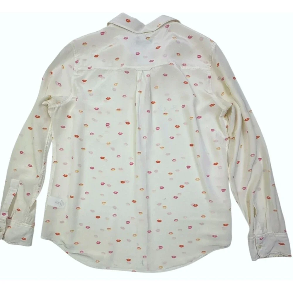 Rails Kate Silk Blouse Ivory Pink Lips Print Button Front Pocket Shirt M